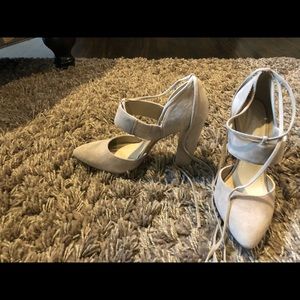 BCBGeneration Taupe suede ankle tie heels